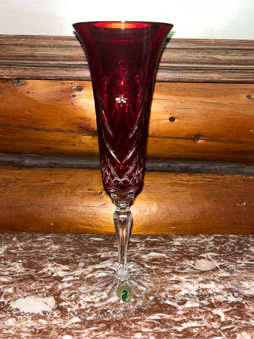 Waterford Merry Christmas Red Cut To Clear Crystal Fluted Champagne Glass 10''